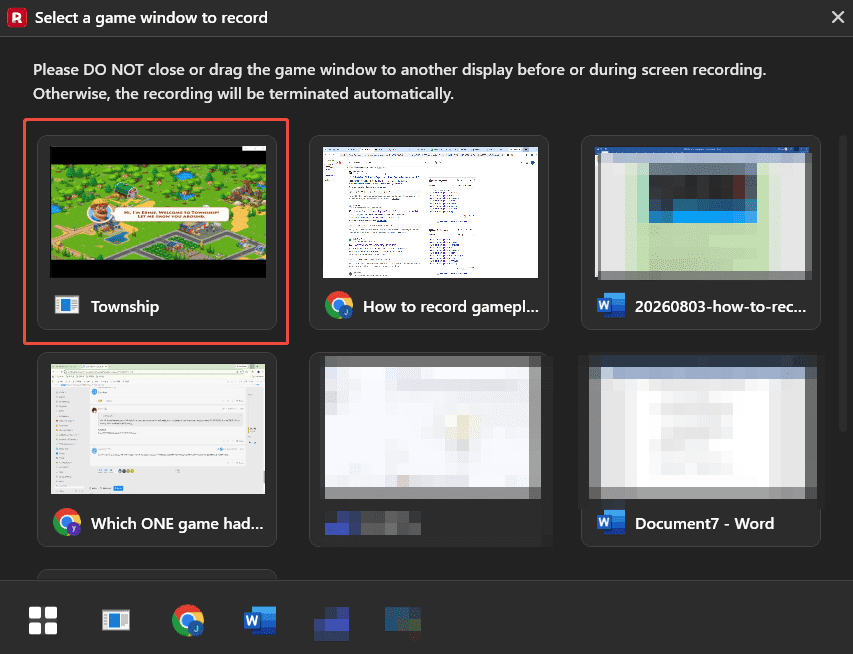 MiniTool Screen Recorder interface showing how to choose the target game window to record.