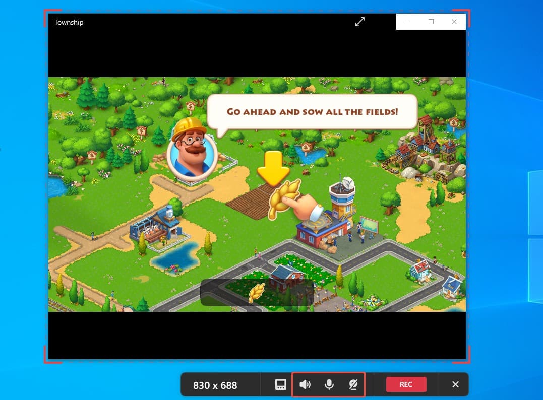 MiniTool Screen Recorder record floating bar with the System Audio and Microphone and Camera icon selected.