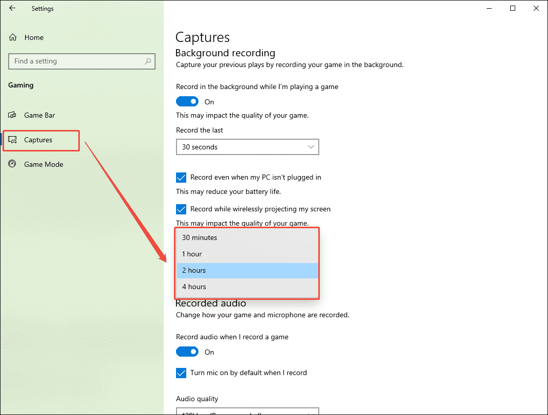 The Windows Gaming Settings interface showing how to change the maximum recording length of the Xbox Game Bar.