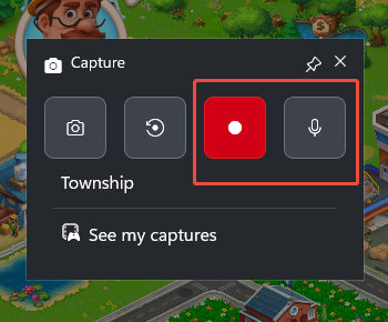 The Capture panel of the Xbox Game Bar with the Start recording and Microphone icons selected.