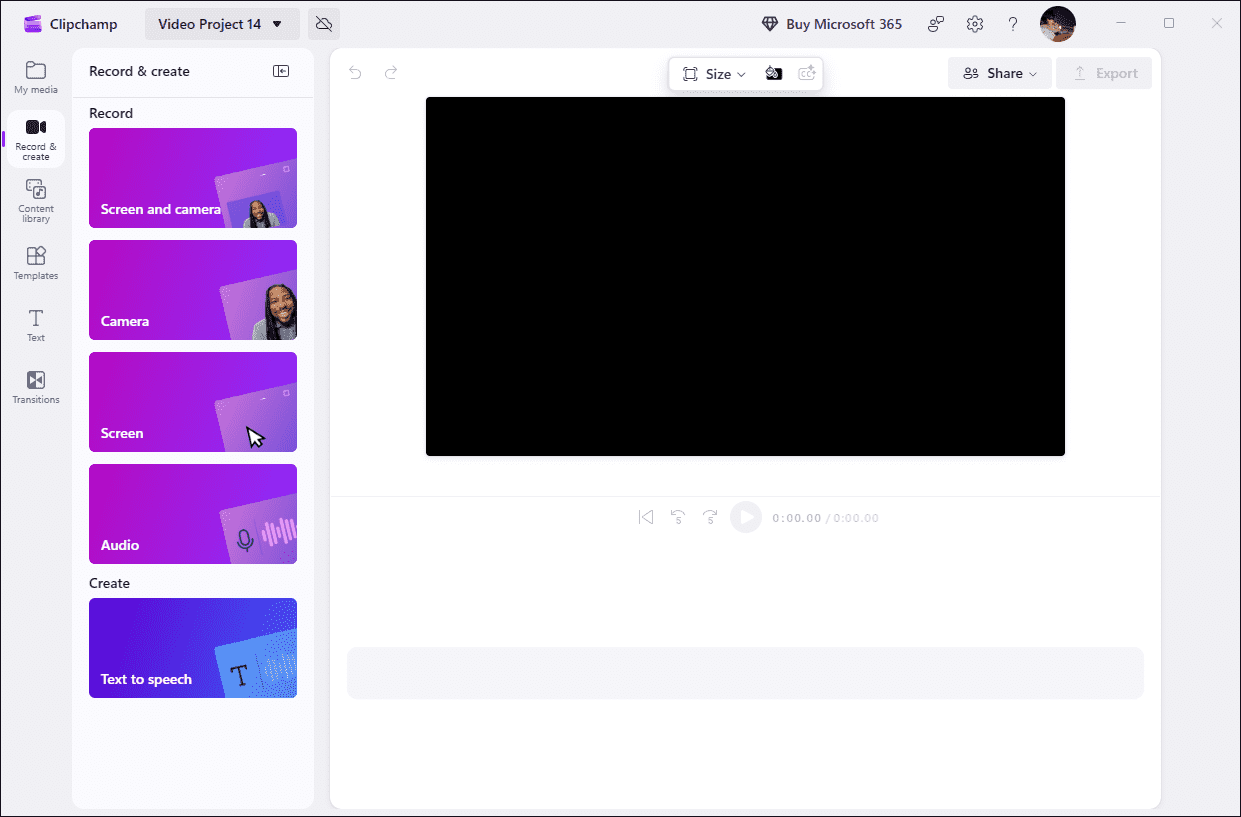The recording interface of Clipchamp.