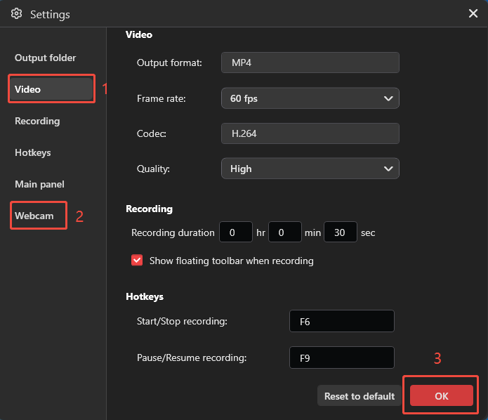 MiniTool Screen Recorder Settings interface showing how to adjust the video frame rate and quality and webcam parameters.