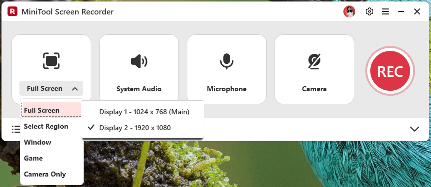 MiniTool Screen Recorder interface with the Full Screen option expanded and the Display 2 selected.