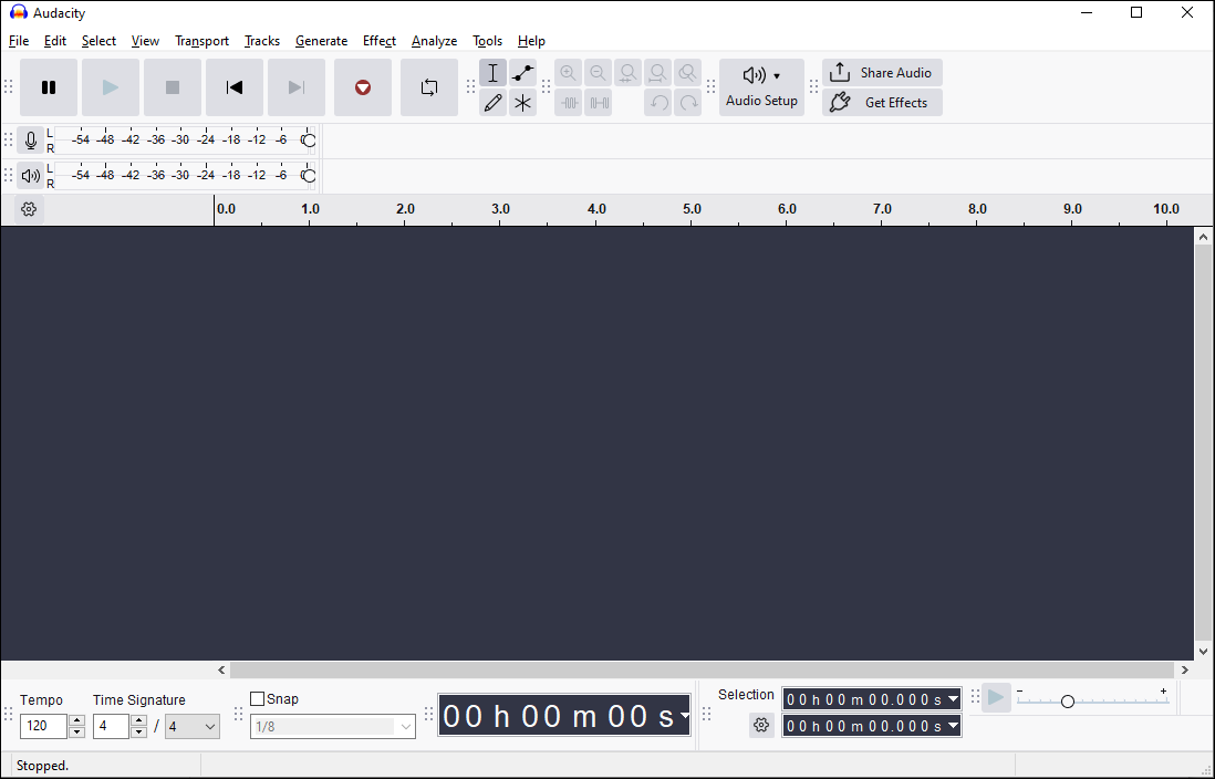 The main interface of Audacity.