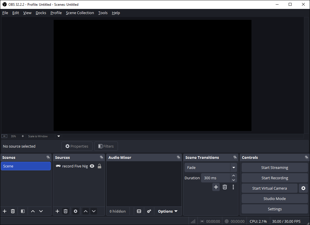 The main interface of OBS Studio.