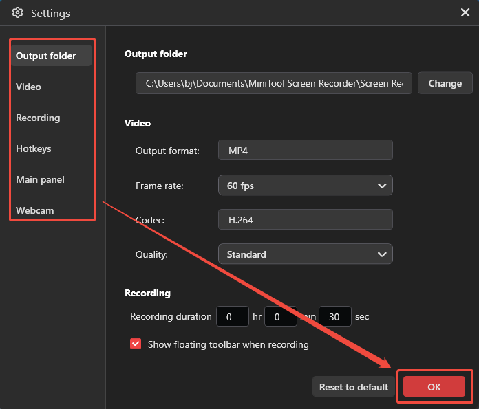 MiniTool Screen Recorder Settings interface showing how to manage the relevant recording parameters.
