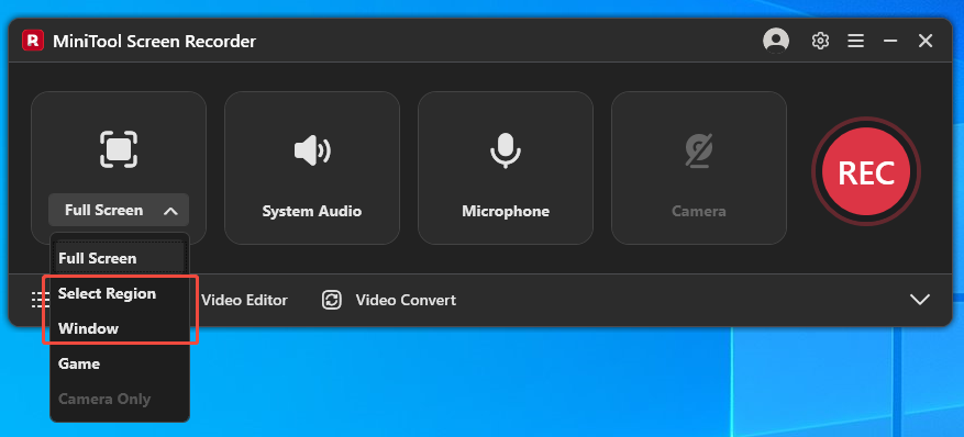 MiniTool Screen Recorder interface with the recording area option expanded.