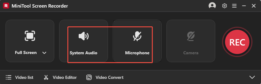 MiniTool Screen Recorder interface with the System Audio function enabled and the Microphone function disabled.