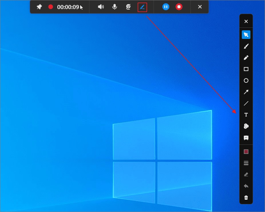 MiniTool Screen Recorder録画中のフローティングツールバーの様子