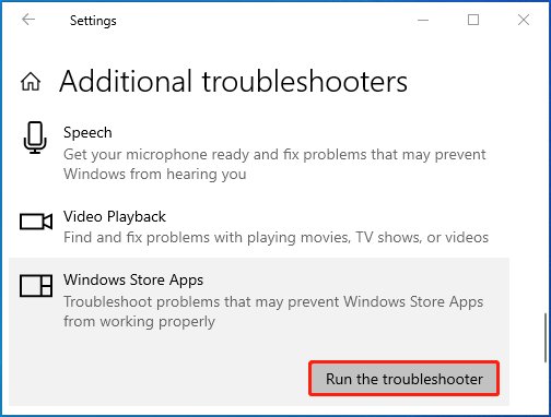 Windows additional troubleshooters settings page with the Run the troubleshooter button selected.