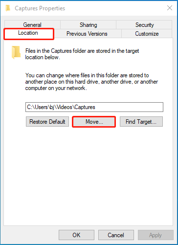 Windows Explorer Captures Properties window showing how to change save location.