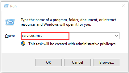 Windows Run window with the services.msc typed in.