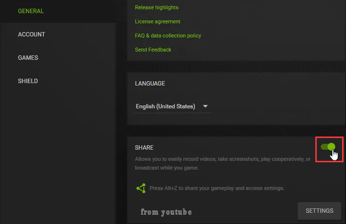 Nvidia Shadowplay general settings page with the SHARE option switched on.