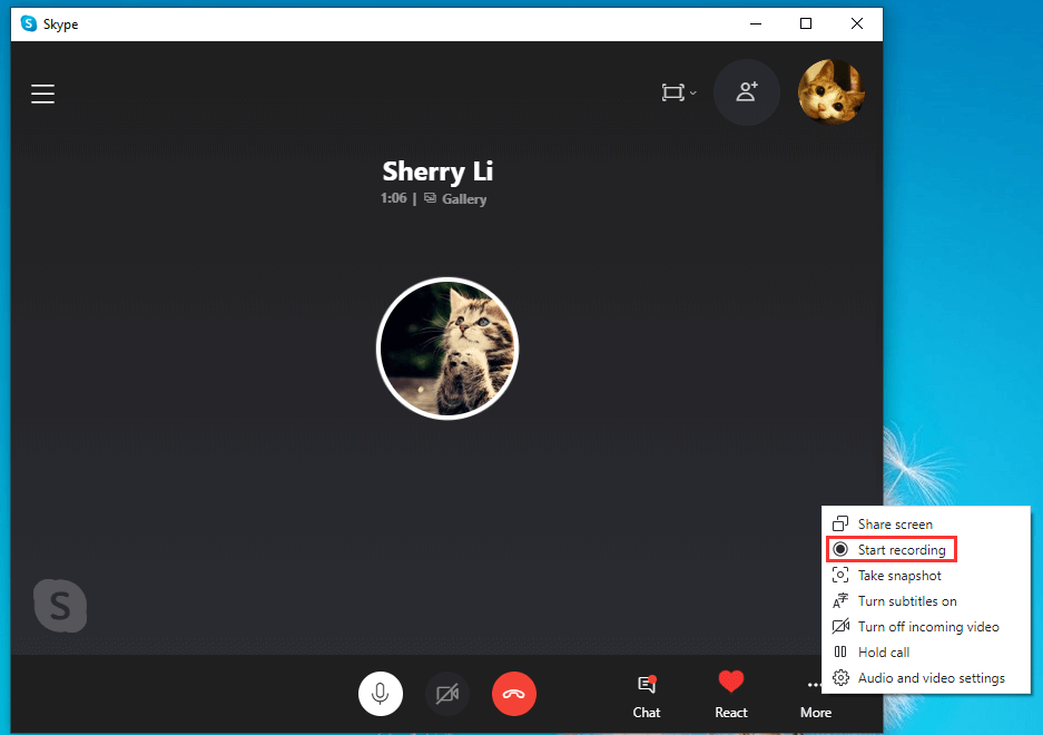 Skype interface with the Start recording option selected in the More option list on the bottom right.