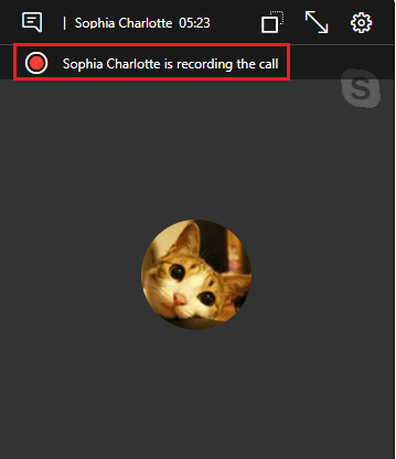 Skype interface with a notification on the top saying someone is recording the call.
