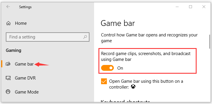 Windows Game bar settings page with the Record game clips screenshots and broadcast using Game bar option turned on.