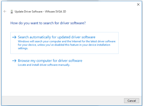 Windows update driver software page showing two ways to search for driver software.