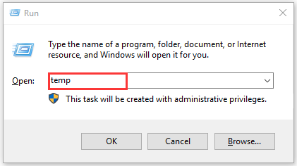 Windows Run window with temp typed in.