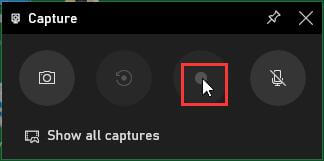 Xbox Game Bar interface with the Start recording option selected.