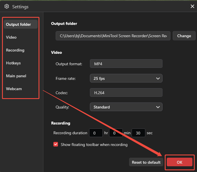MiniTool Screen Recorder interface showing how to adjust the recording settings.