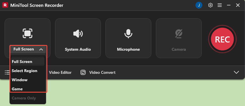 MiniTool Screen Recorder interface with the Full Screen section expanded.