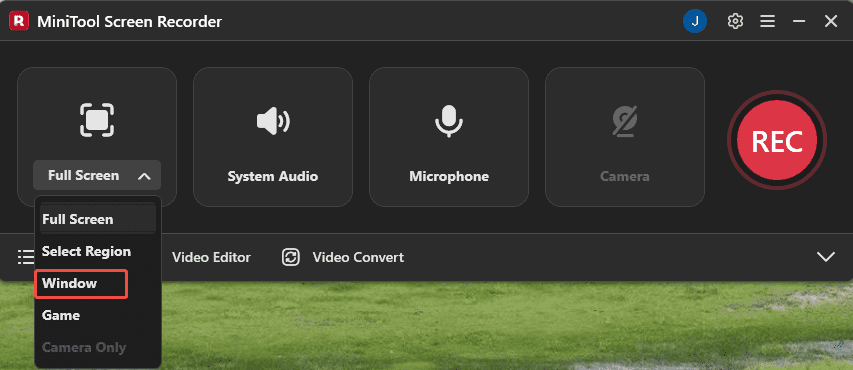 MiniTool Screen Recorder interface with the Full Screen option expanded and the Window option selected.