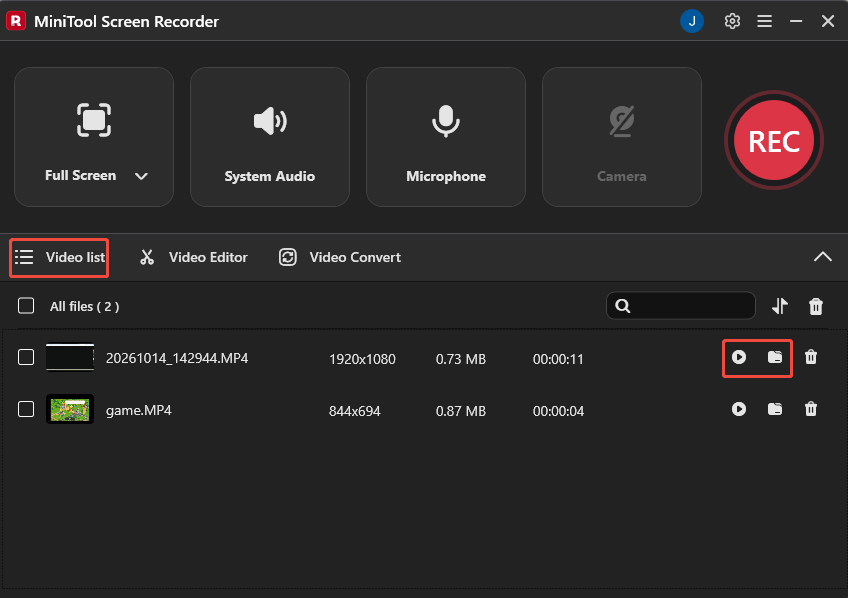 MiniTool Screen Recorder interface with the Play and Folder icons selected under the Video list section.