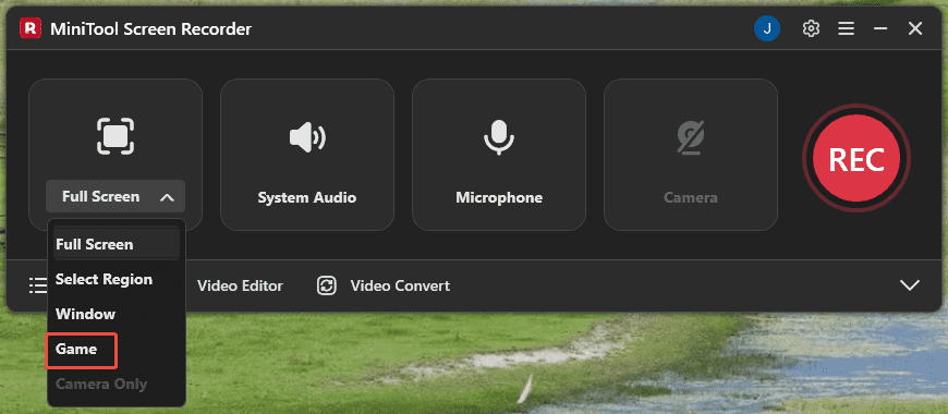 MiniTool Screen Recorder with the Full Screen option expanded and the Game option selected.