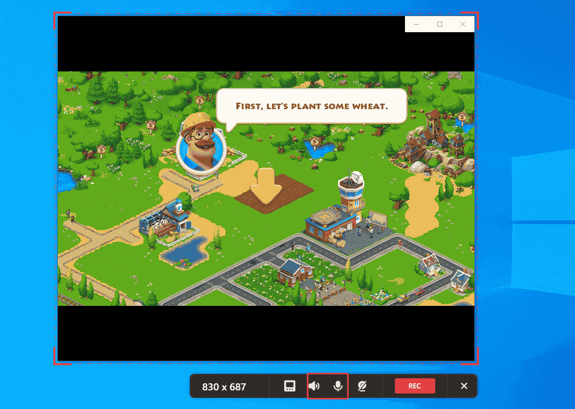 MiniTool Screen Recorder floating bar with the System Audio and Microphone icons selected.