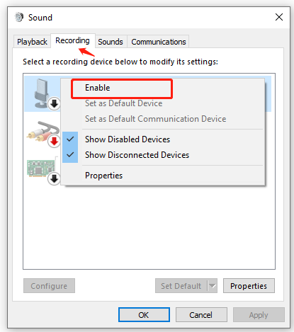 Windows Sound window showing how to enable the recording device.