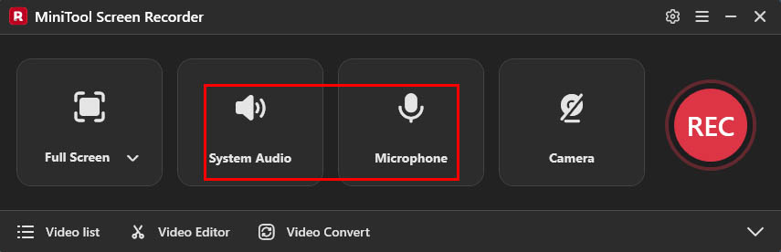 MiniTool Screen Recorder interface with the System Audio and the Microphone icons enabled.