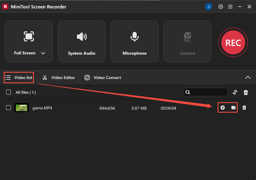MiniTool Screen Recorder interface showing how to view and check the recorded video.