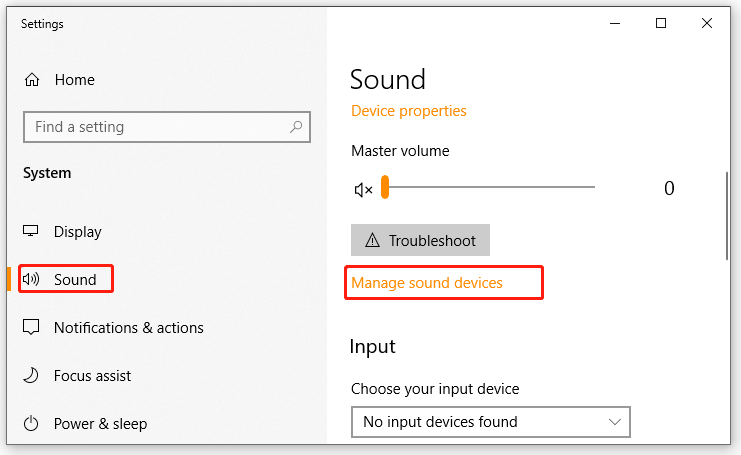 Windows Sound Settings page with the Manage sound devices option selected.