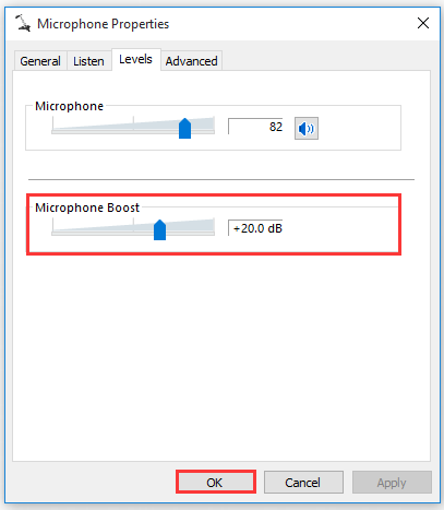 Microphone Properties window showing how to adjust microphone and microphone boost.