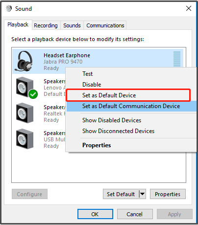Windows Sound window with the Set as Default Device option selected in the context menu of Headset Earphone.