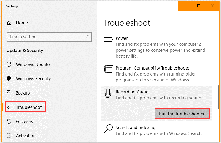Windows Troubleshoot Settings page with the Run the troubleshooter option selected.