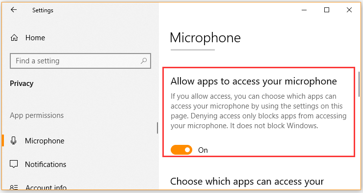 Windows Microphone settings page with the Allow apps to access your microphone option turned on.