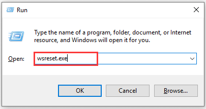Windows Run window with the wsreset.exe typed in to clear Windows Store cache.