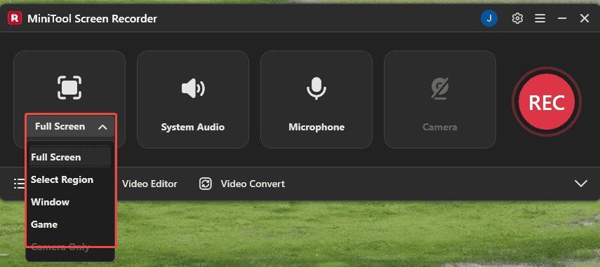 MiniTool Screen Recorder interface with the Full Screen option expanded.
