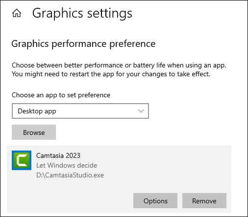 add Camtasia in graphics settings