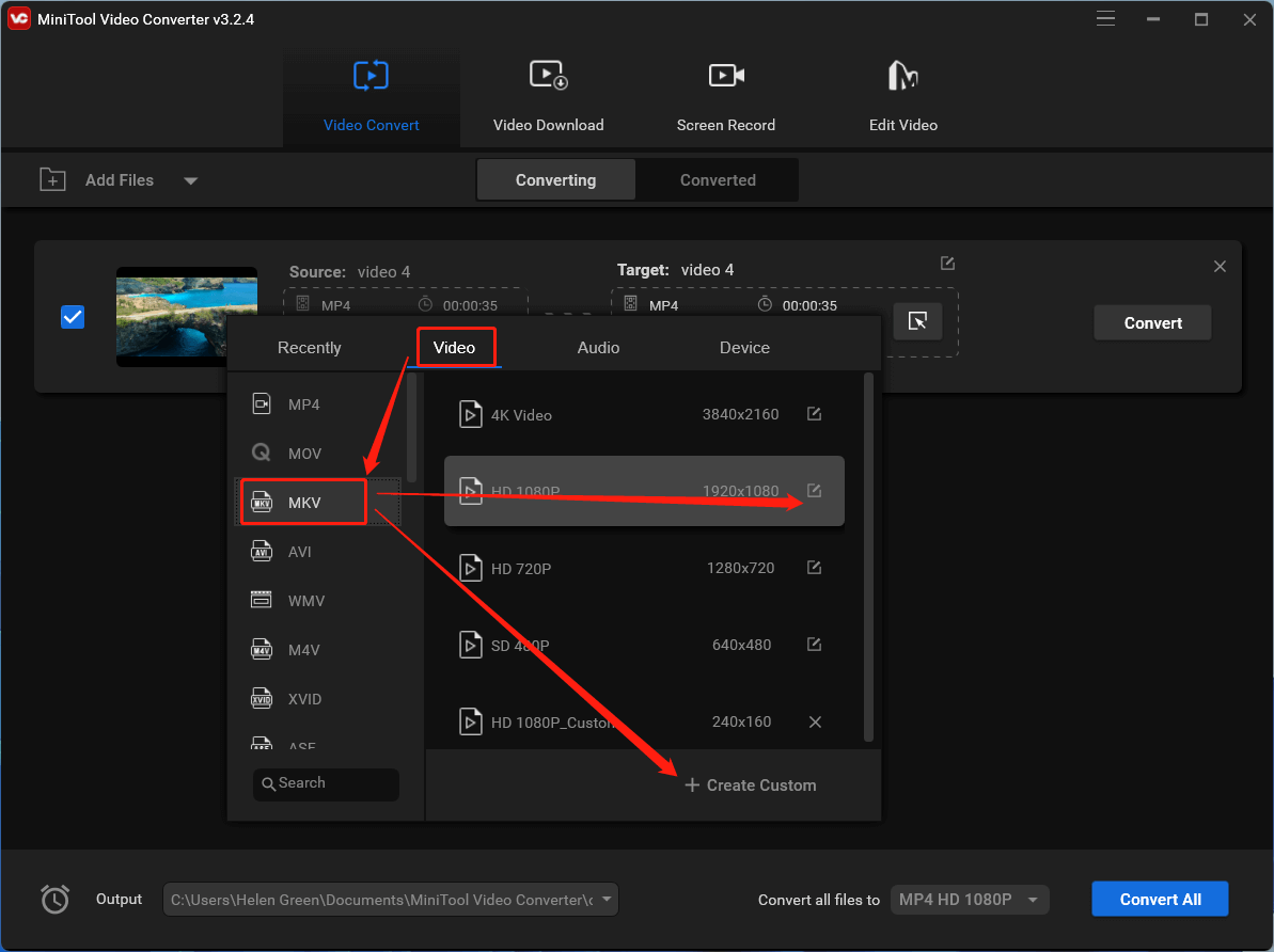 set MKV as the target video format