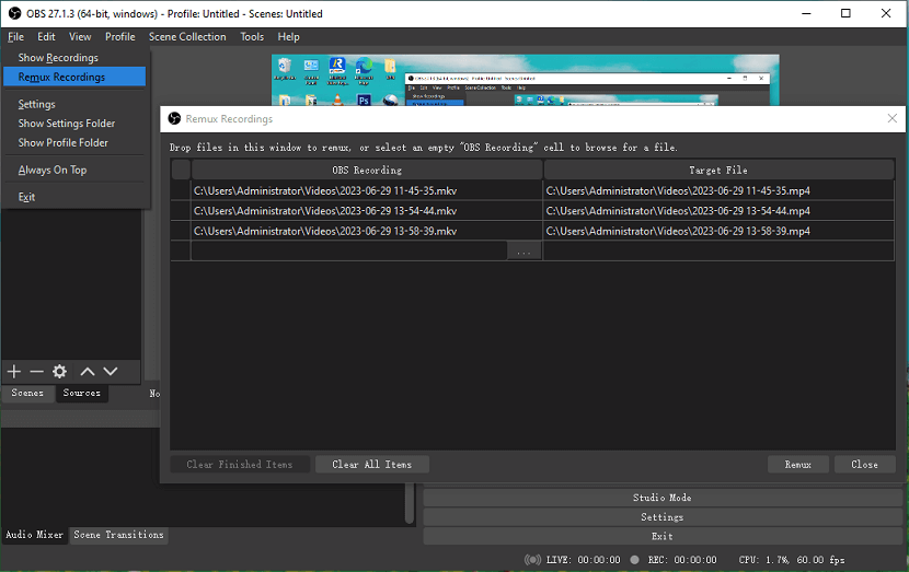 remux MKV to MP4 in OBS