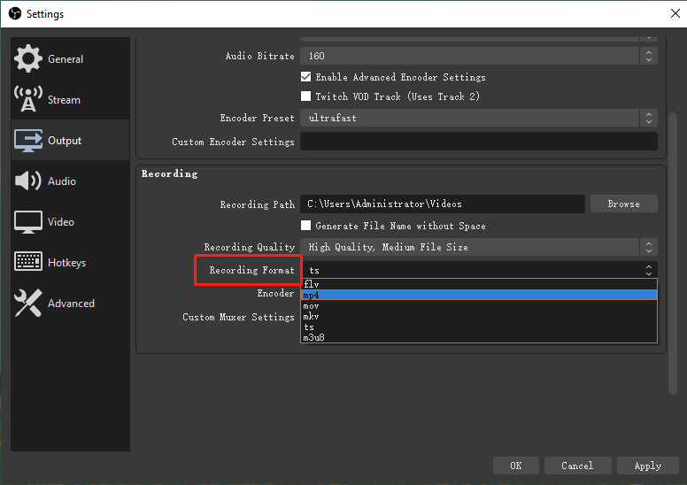 set the default recording format to MP4