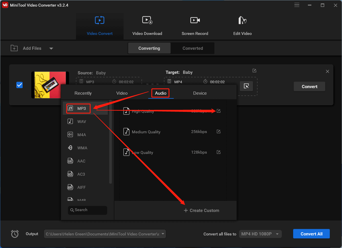 specify converted audio format