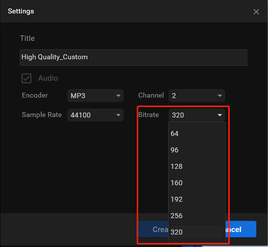 specify audio bitrate