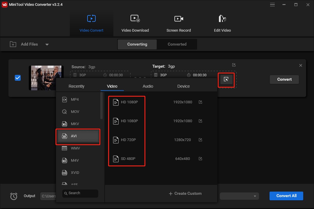 choose AVI as the output format