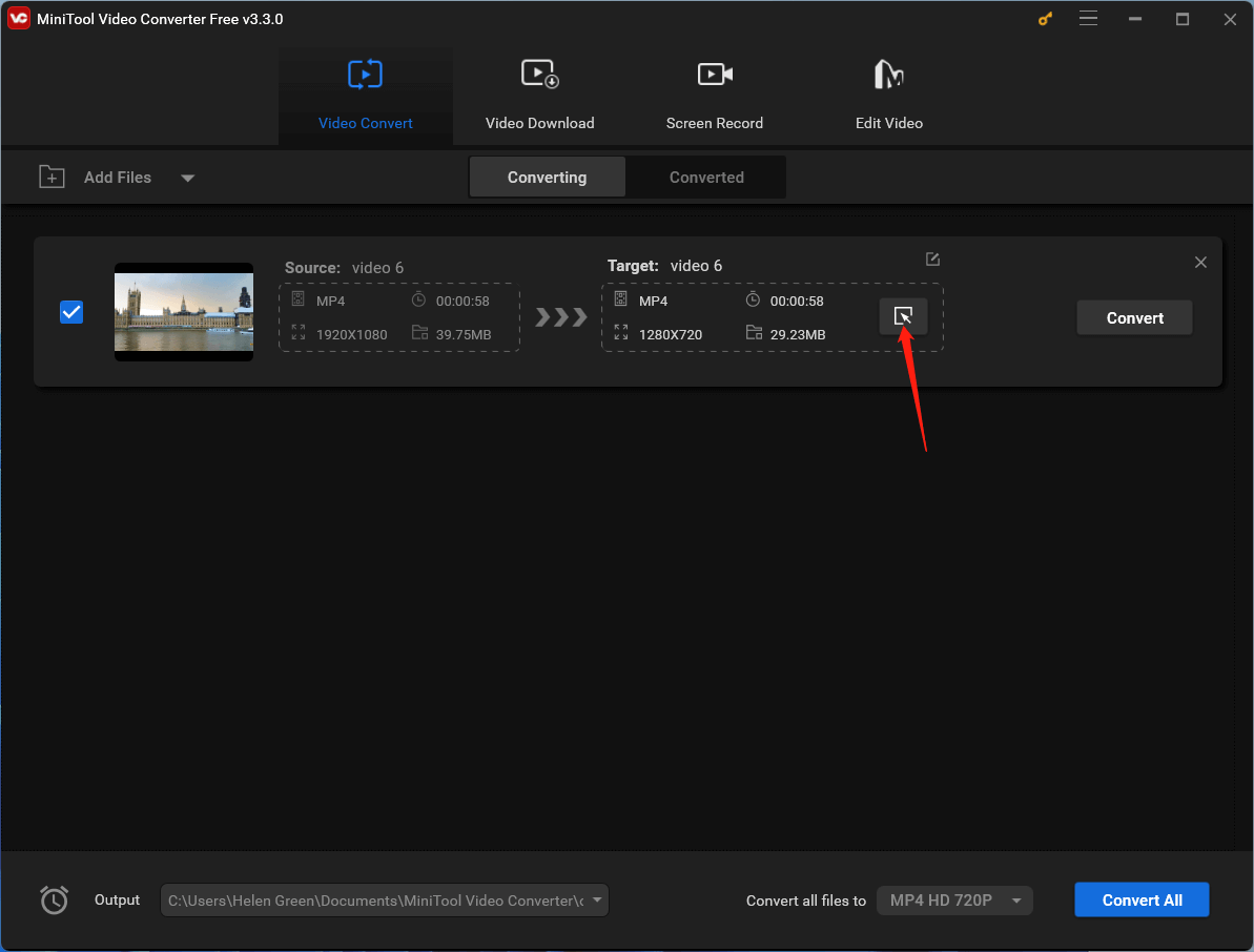 click the settings icon for the target video