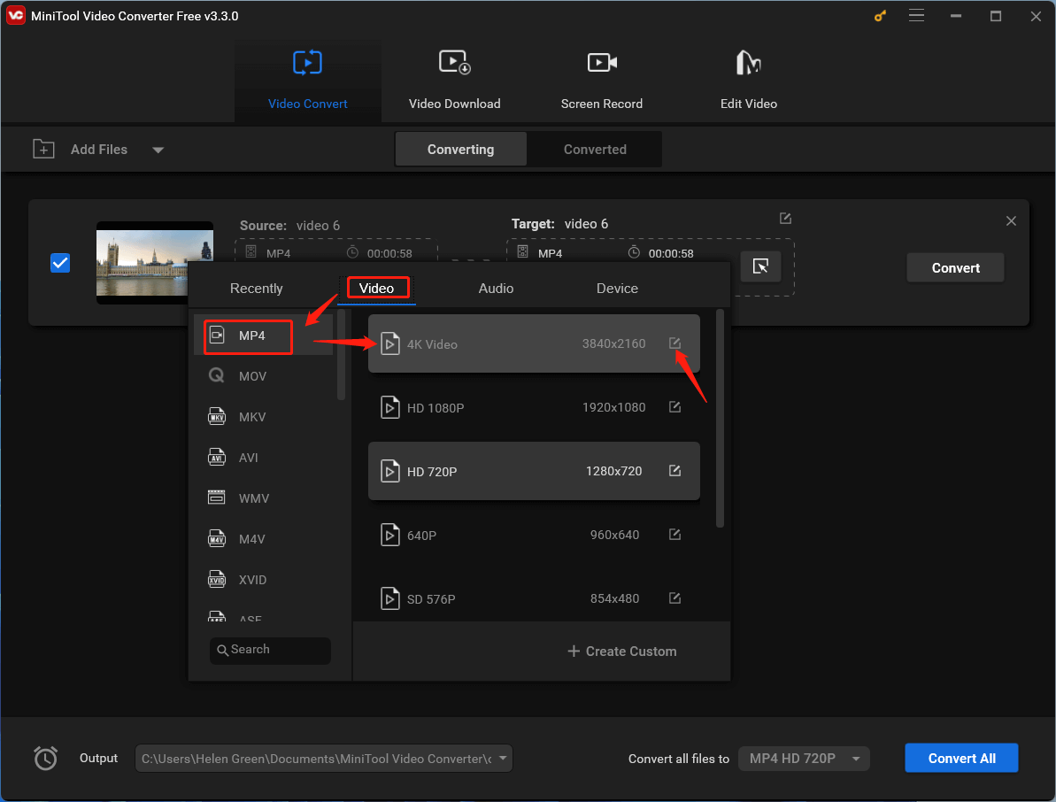 select 4K Video format option