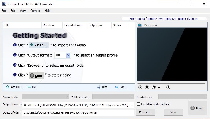 interface of Icepine Free DVD to AVI Converter