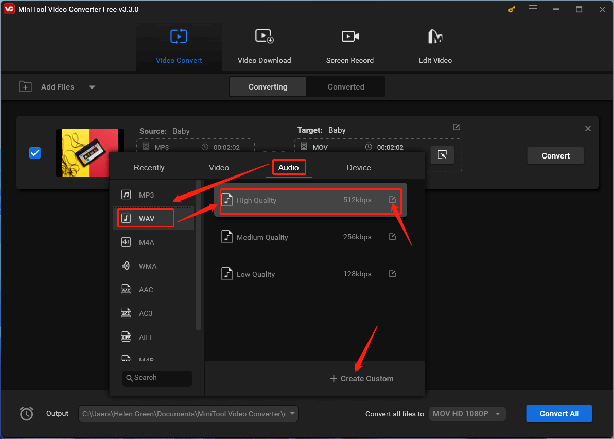 select audio format and quality